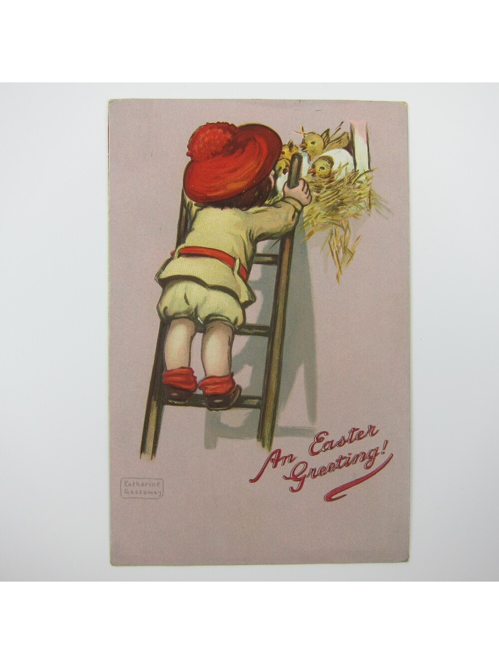 Easter Postcard Boy Ladder Yellow Chicks Nest Katharine Gassaway Tuck Antique